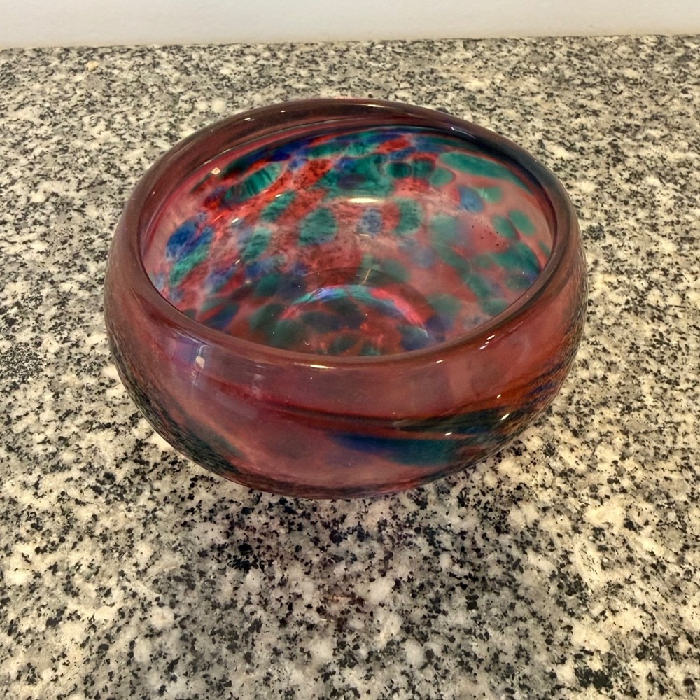 Vintage Art blown Glass Bowl Purple Teal Red Blue Blown Glass